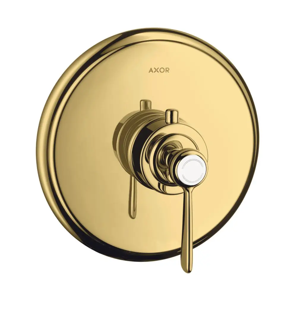 Wandmontierter Wasserthermostat mit Hebelgriff in polierter Goldoptik. Das Produkt gehört zur Marke AXOR und zeigt ein schlichtes, rundes Design.